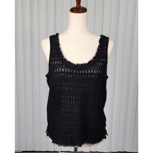 Paige Knitted Tank Top Scoop Neck Fringe Side Slits Black Women's Size Small